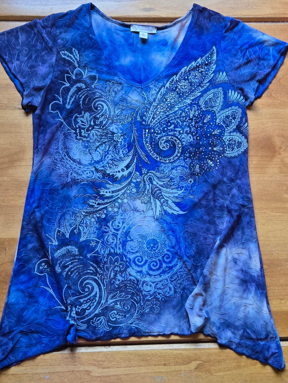 Christopher & Banks Blue Paisley Embellished Top Asymmetrical Hem Size Small